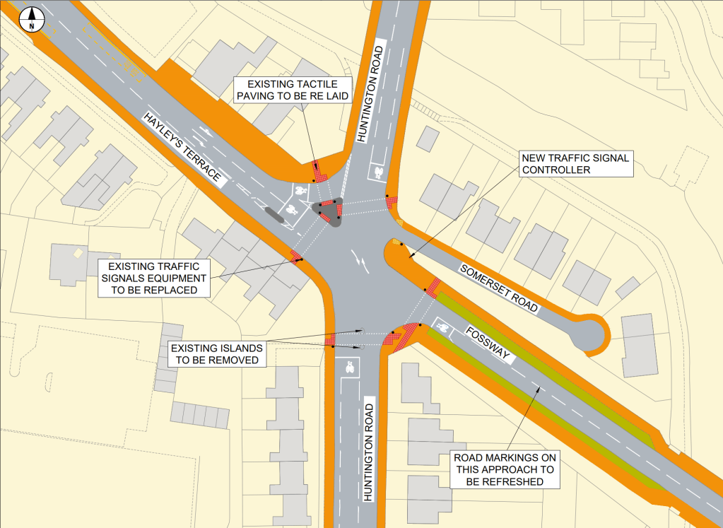 Map showing planned traffic signal changes and road improvements at the intersection of Hayley's Terrace, Huntington Road, Somerset Road, and Fossway.