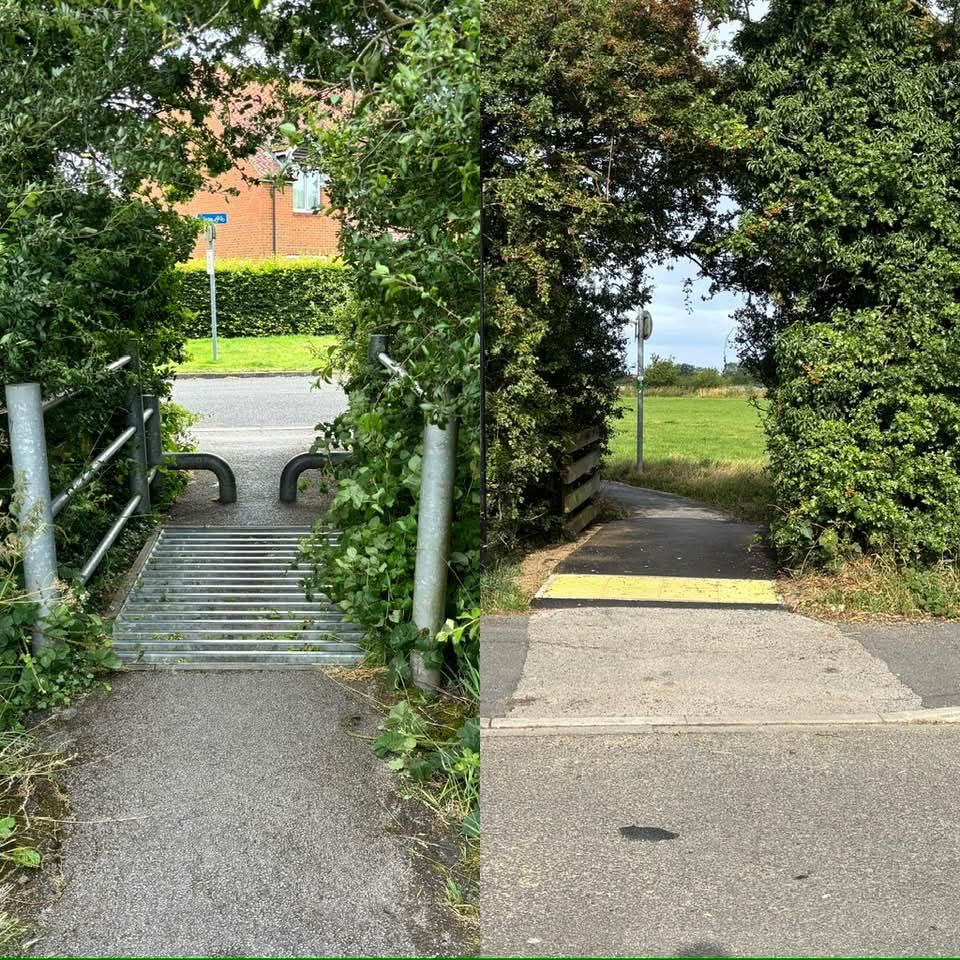 A side-by-side comparison of two cycle track entrances. The left shows a narrow, overgrown entrance with metallic barriers and a gravel path, while the right features a wider, paved entrance with a smooth surface and accessible ramp.
