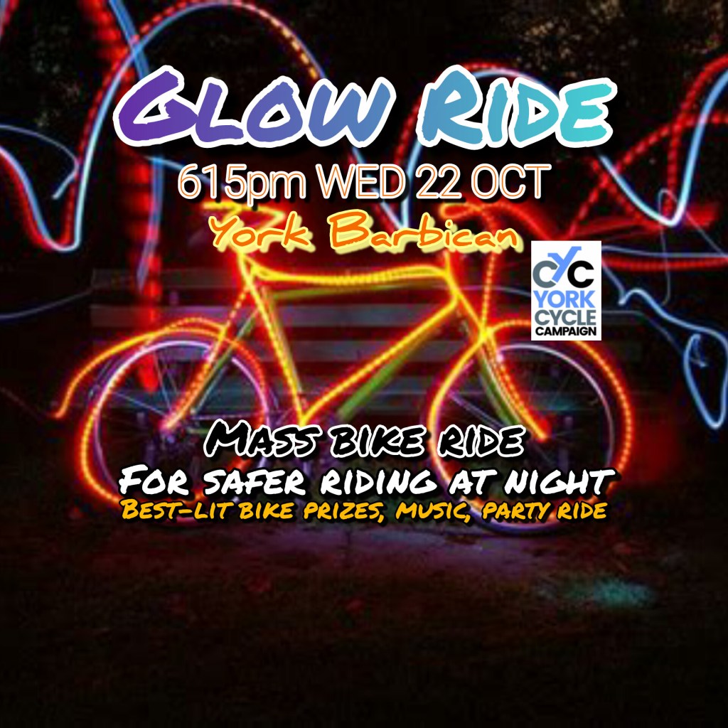 Promotional poster for the Glow Ride event featuring a brightly lit bicycle against a dark background with event details.