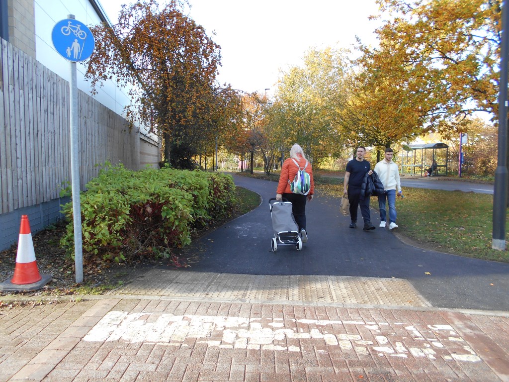 A wide shared path for cyclists and pedestrians, featuring a bike and pedestrian sign, surrounded by autumn foliage and a nearby bus stop.